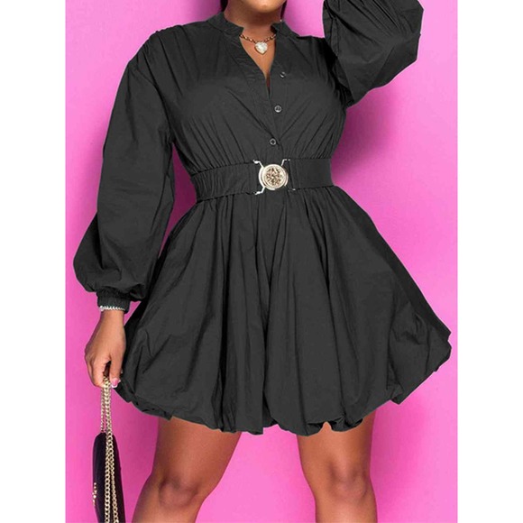 Black Balloon Sleeve Mini Dress | Chic Party Dress | Elegant Cocktail Look - Picture 2 of 11